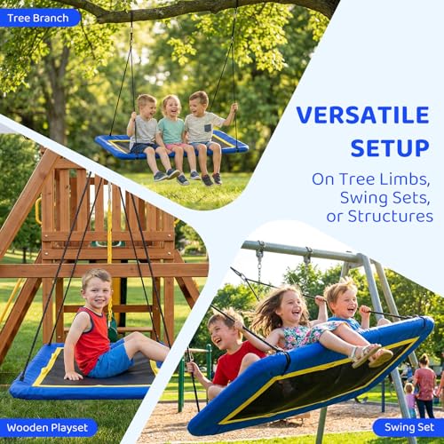 Image of 60'' Rectangle Platform Tree Swing for Kids and Adults, Giant Flying Swing with Adjustable Hanging Strap, Waterproof Textilene Fabric Tear & UV Resistant, Swings Set for Backyard Garden (Blue 02)