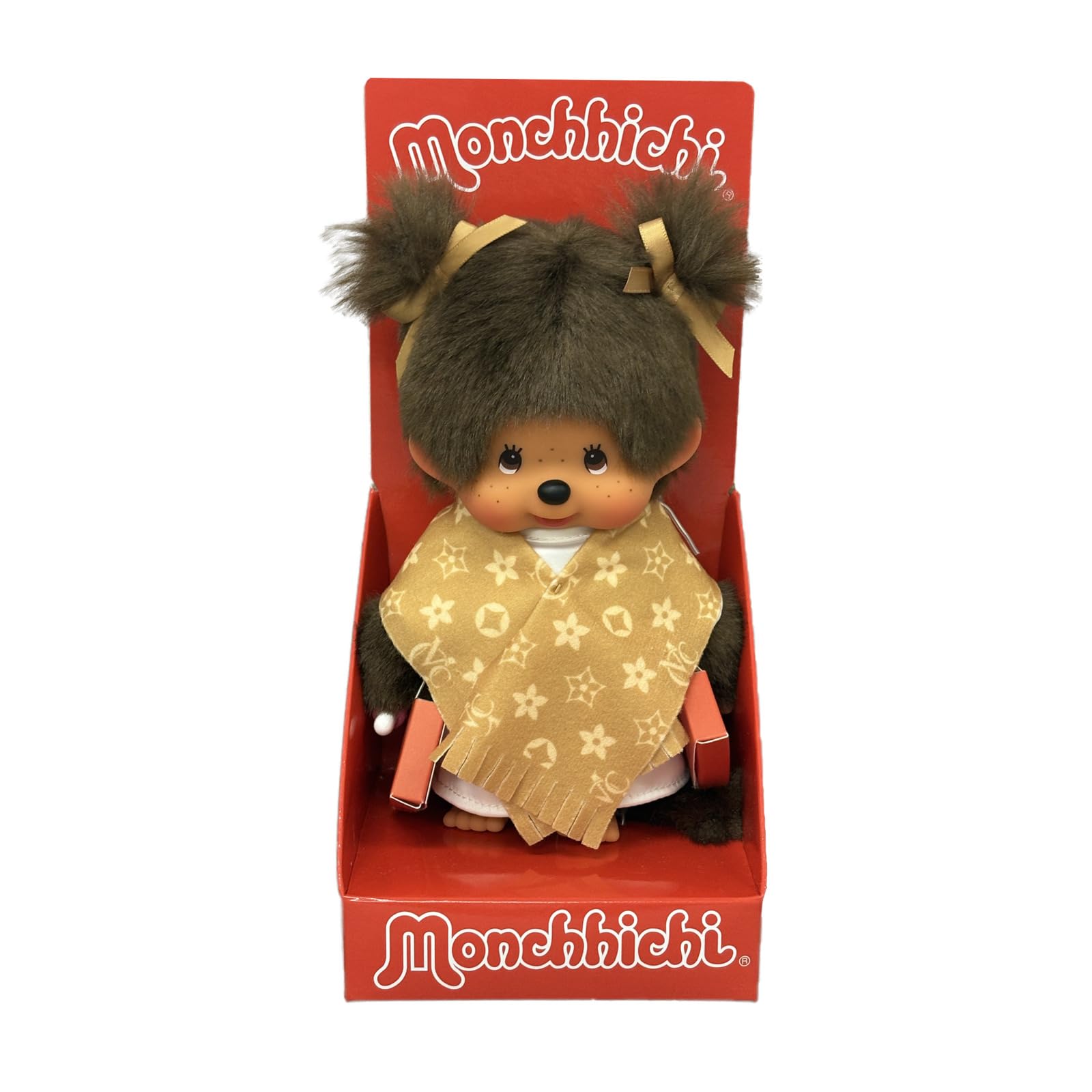 Sekiguchi 205264 Original Monchhichi Girl with Shopping Bags and Monogram Scarf, Approx. 20 cm Cuddly Toy Made of Brown Plush
