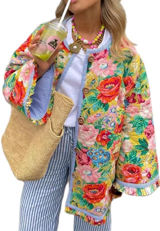 Women Floral Print Cropped Quilted Jacket Cardigan Vintage Open Front Padded Puffler Coat Lightweight Casual Outwear