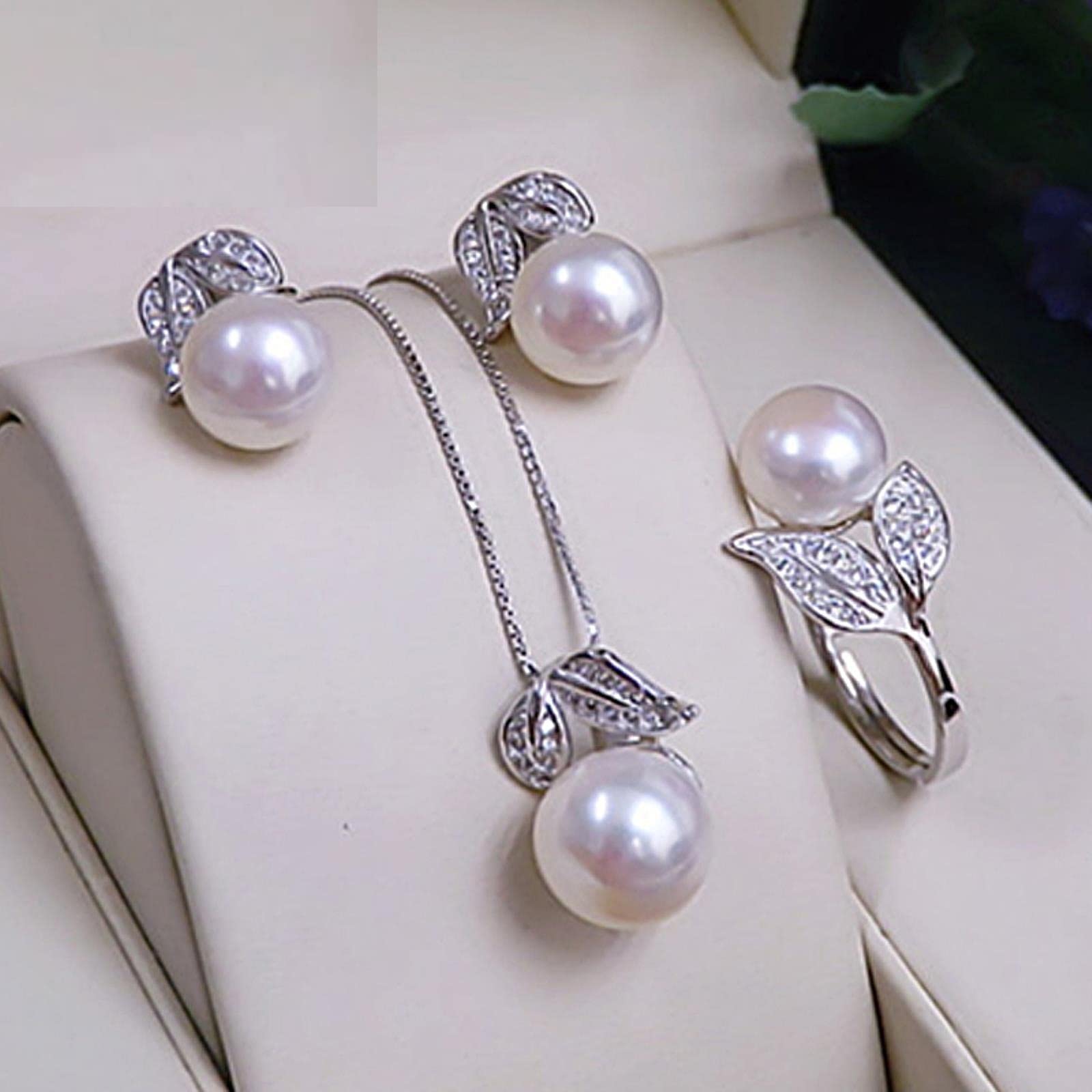 LOKILOKI LOKILOKI Conjuntos De Joyas De Plata De Ley 925 Pendientes De Perla Natural Collar De Cadena con Colgante Bohemio Personalizado para Mujer Conjunto De Anillo