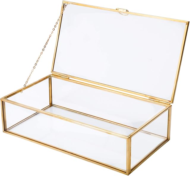 Homtone 20cm Copper Golden Vintage Glass Lidded Box, Decorative Jewelry Keepsake Display Organizer Clear Rectangle Golden Box for Wedding Party Decor (20x11x5.9cm)