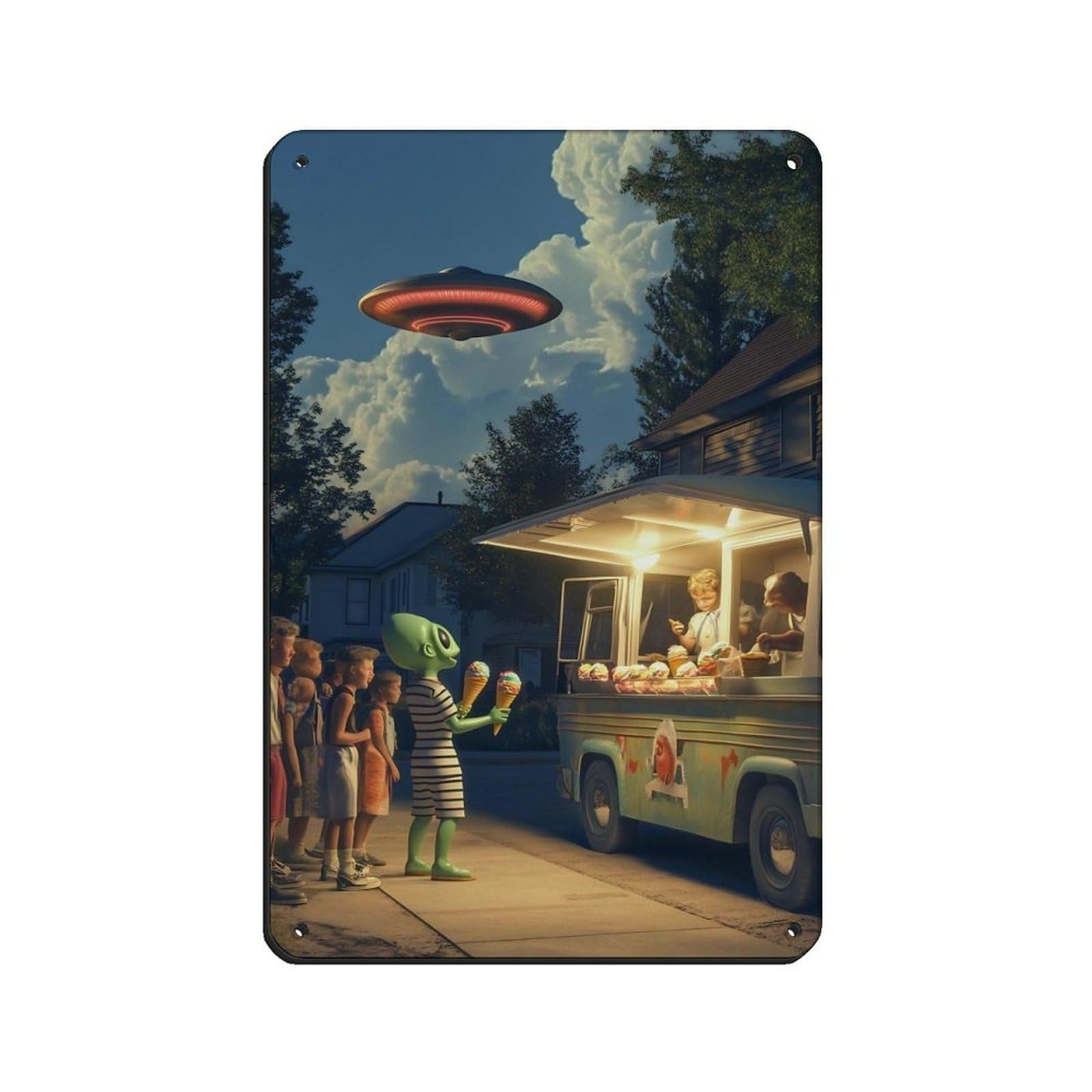 Lxwnze 20L X 30W Cm Alien Ice Cream Truck Art Tin Sign Vintage Metal Pub Club Cafe Bar Home Wall Art Decoration Poster Retro 8X12inch(20X30cm)
