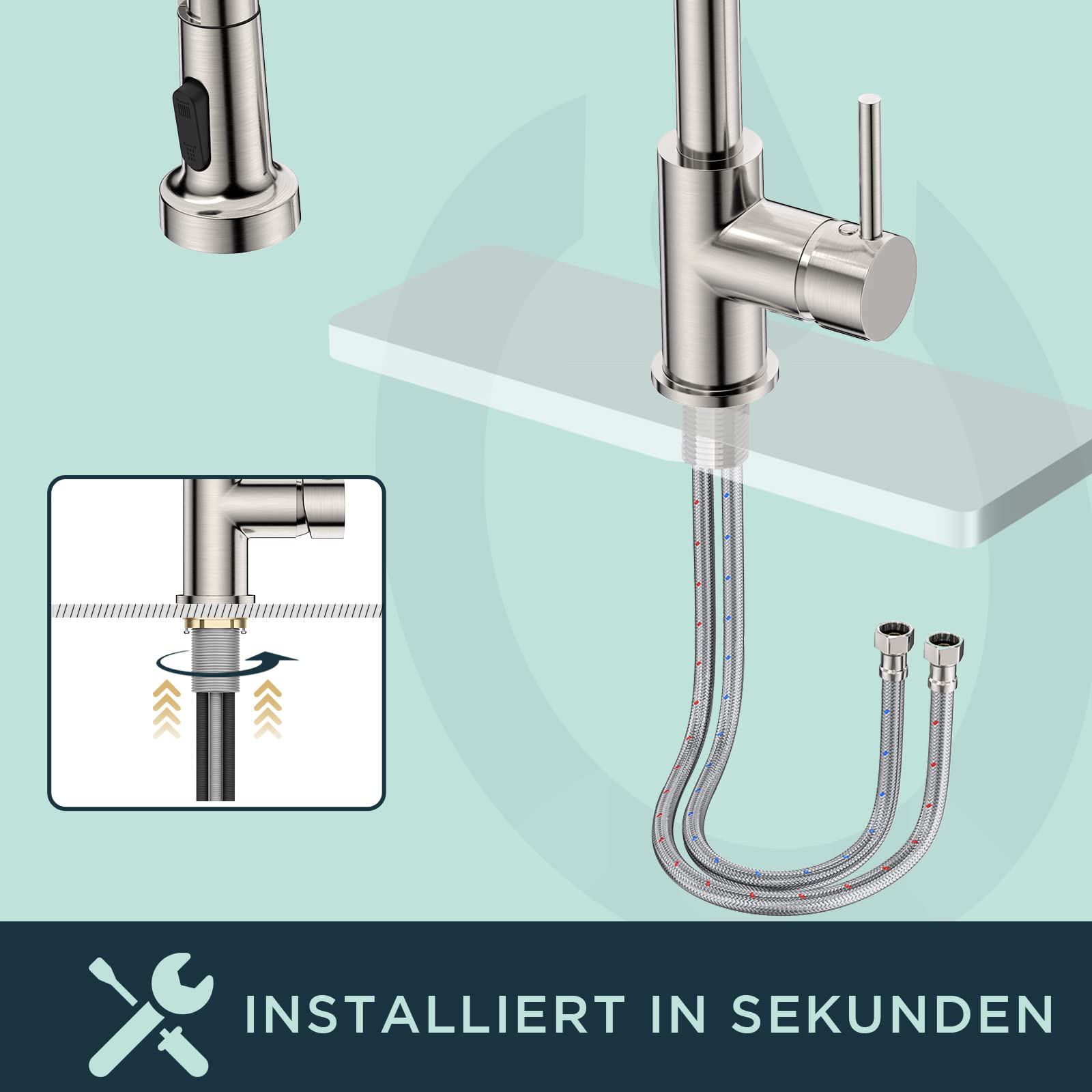FORIOUS Wasserhahn Küche, Hoher Bogen Hochdruck Küchenarmatur mit Herunterziehen Brause Armatur, Mischbatterie Spültischarmatur Küchenarmaturen, 360° Schwenkbar Zwei Sprühfunktionen, Edelstahl