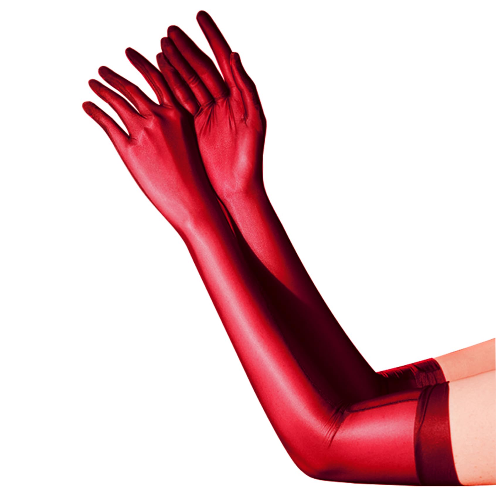 Yruioon Oil Shiny Sheer Long Opera Gloves - Stretchy Nylon Elbow Gloves For Halloween Costume Evening Party Red L