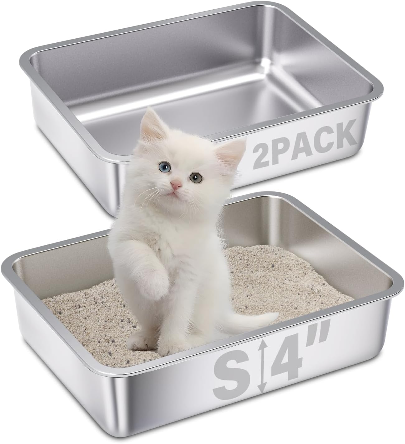 Small Stainless Steel Litter Box 2 Pack,15.7"x11.8"x4" Small Litter Box for Kittens, Easy Clean Non Stick Easy Entry No Smell Metal Litterbox for Kitty/Rabbits 2 pack-S (15.7"x11.8"x4")