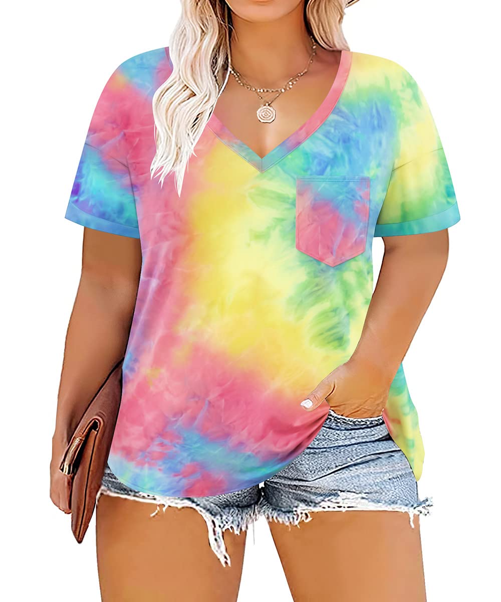 TIYOMI Womens Plus Size Tops Short Sleeve Shirts V Neck T Shirts Casual Blouse Floral/Aniaml/Tie Dye Color Soft Top XL-5XL