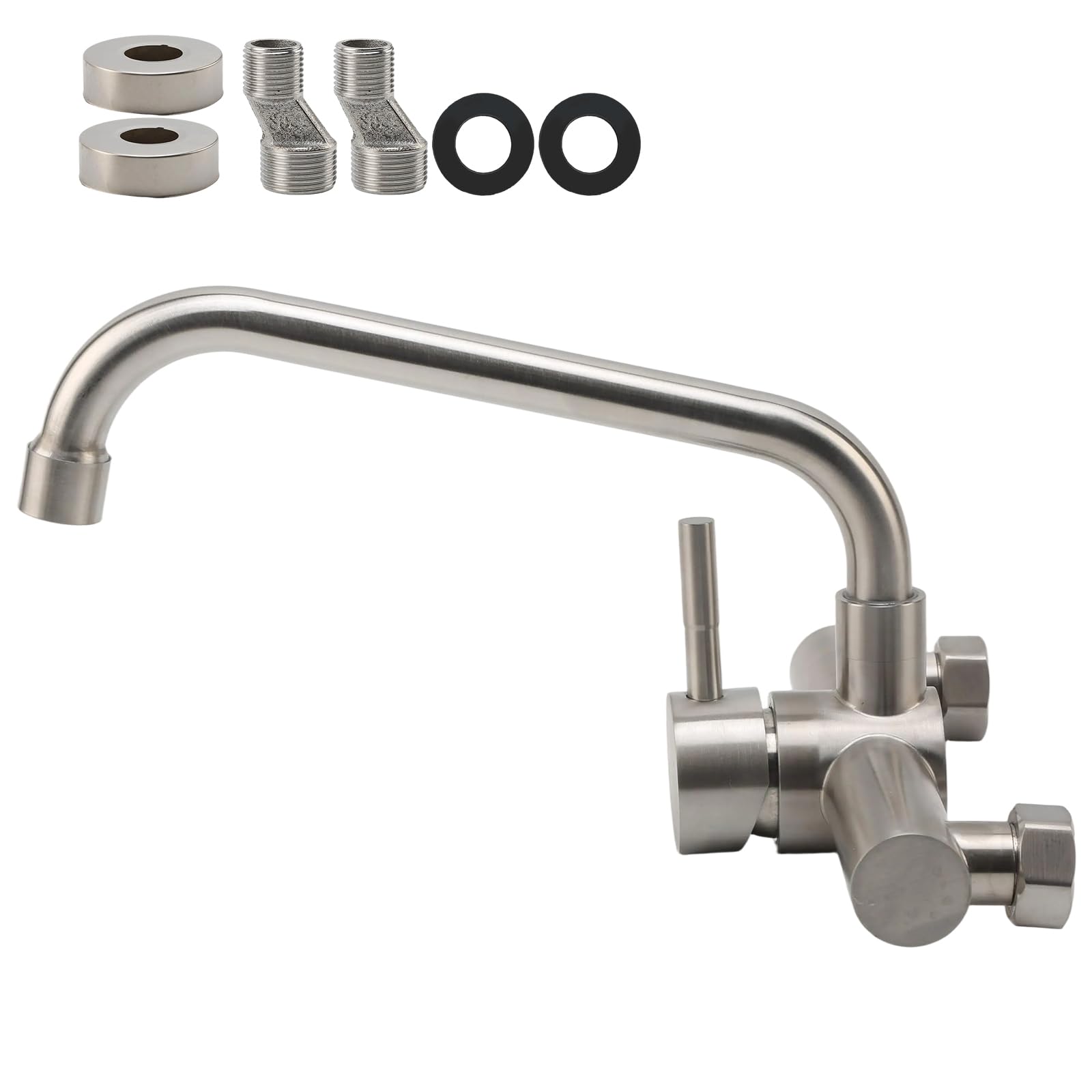 Grifo Cocina en la Pared con 2 Modos, Grifería de Fregadero Giratorio a 360​°, Mezclador Monomando de Acero Inoxidable 304, Aireador Extraíble, Agua Fría y Caliente, Cepillado