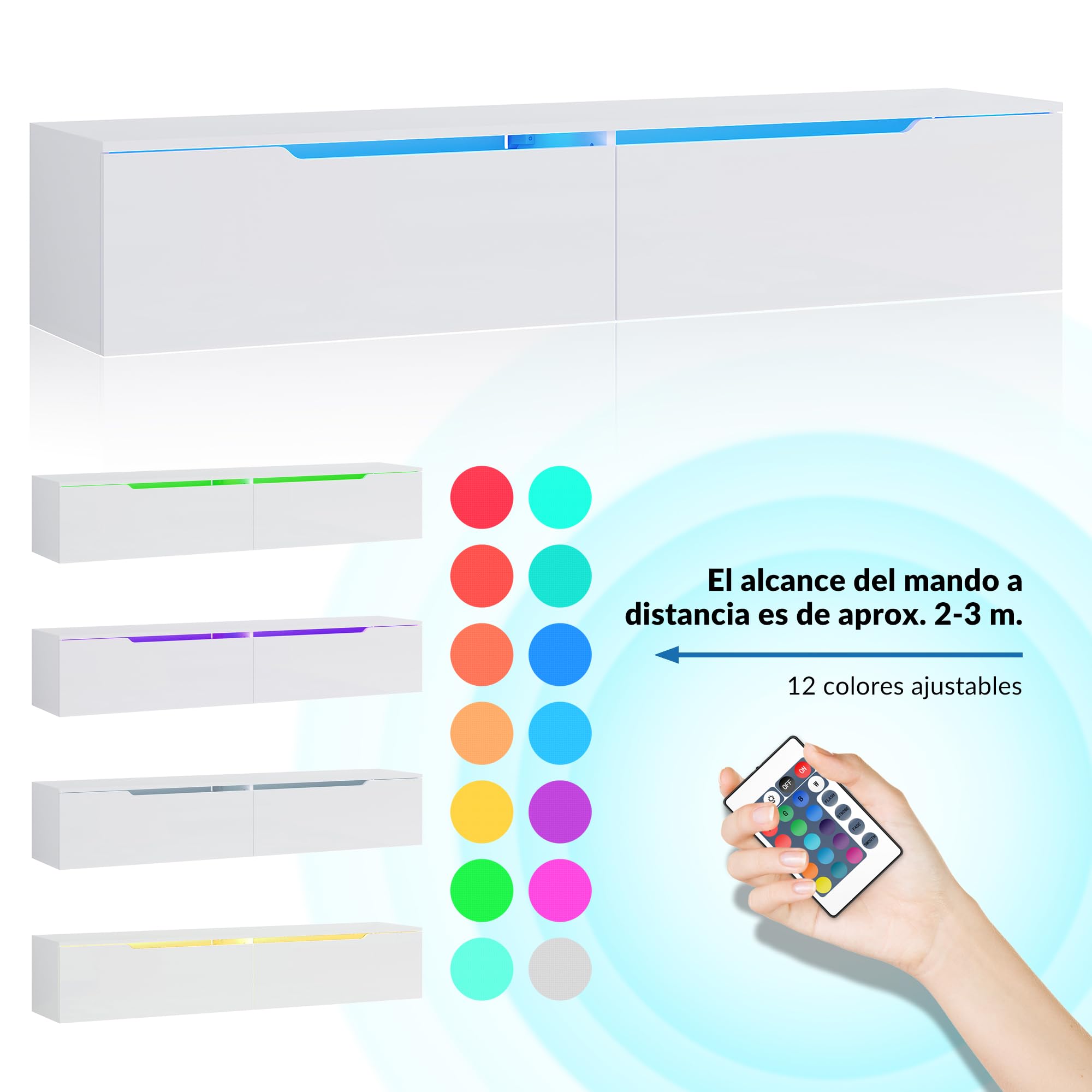 SONNI Mueble TV con Luz LED Regulables de 12 Colores,Mueble de Salón Blanco 160x35x30cm