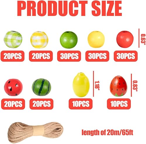 Miniatura 2 de 190 cuentas de madera de fresa, limón, sandía, amarillo, verde, a cuadros, coloridas, redondas, rústicas, rústicas, de madera natural, espaciadoras