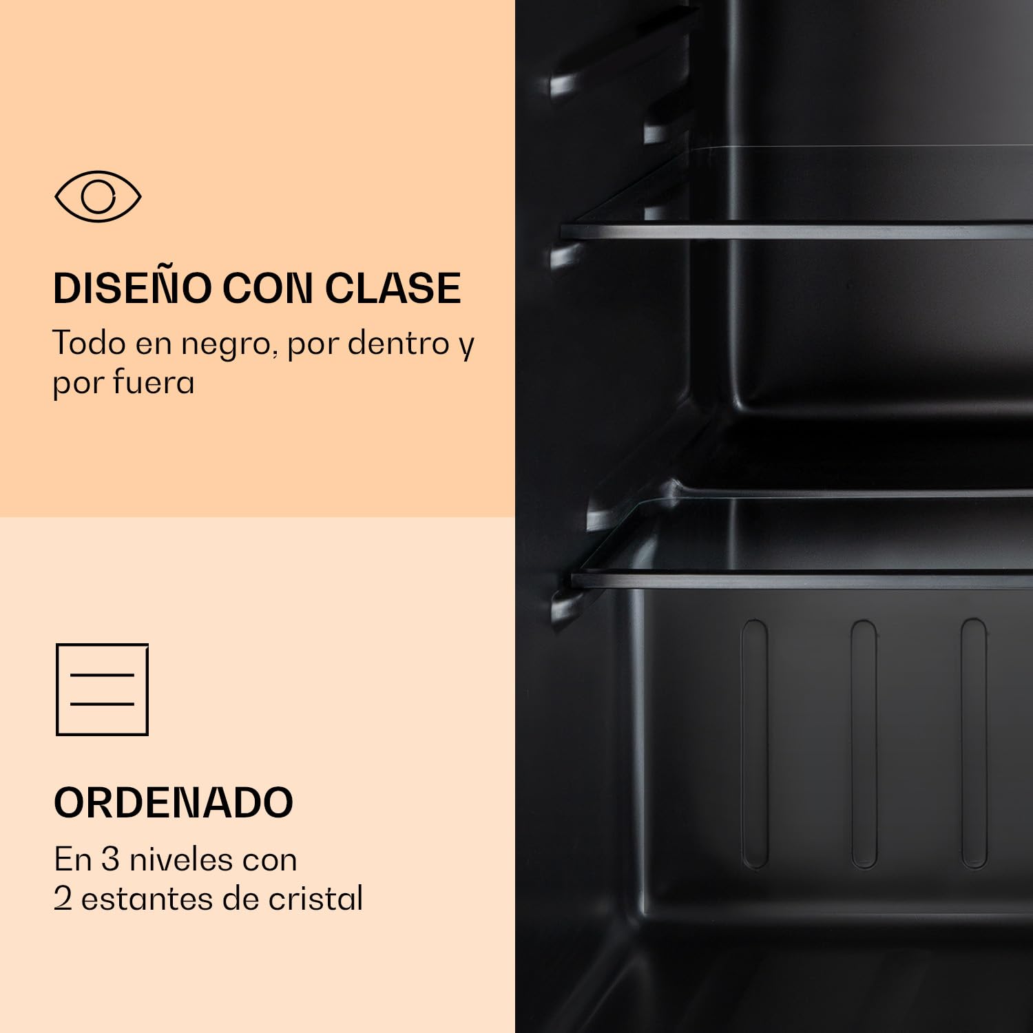 Klarstein Obsidian - nevera, 72 litros de volumen, interior y exterior en negro, 7 niveles de potencia, cajón de verdura, emisión de ruido de 42 dB, negro