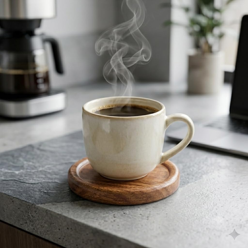 Moxly Wooden Coaster Set | Handcrafted Round Acacia Wood Coasters for Tea Cups Coffee Mugs and Dining Table Decor | Table Top Decor for Home and Office | Gifting Items | Set of 4