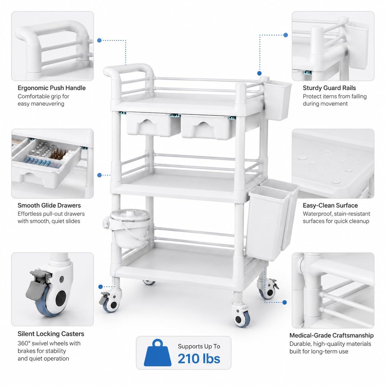 Chariot utilitaire médical avec tiroirs, chariot d'esthétique à 3 niveaux avec roulettes pour salon de beauté, spa, hôpital, bureau, laboratoire - Blanc