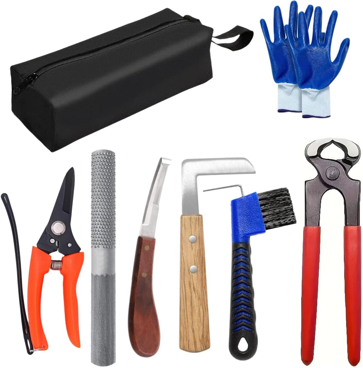 10 inch Farrier Tool Kits （8 Piece）Horse Goat Hoof Trimmers Carbon Steel Nippers Shears Nail Clipper Mini Rasp Hoof File Professional Farriers Hoof Nipper Cutter Handle Knife with Storage Bag