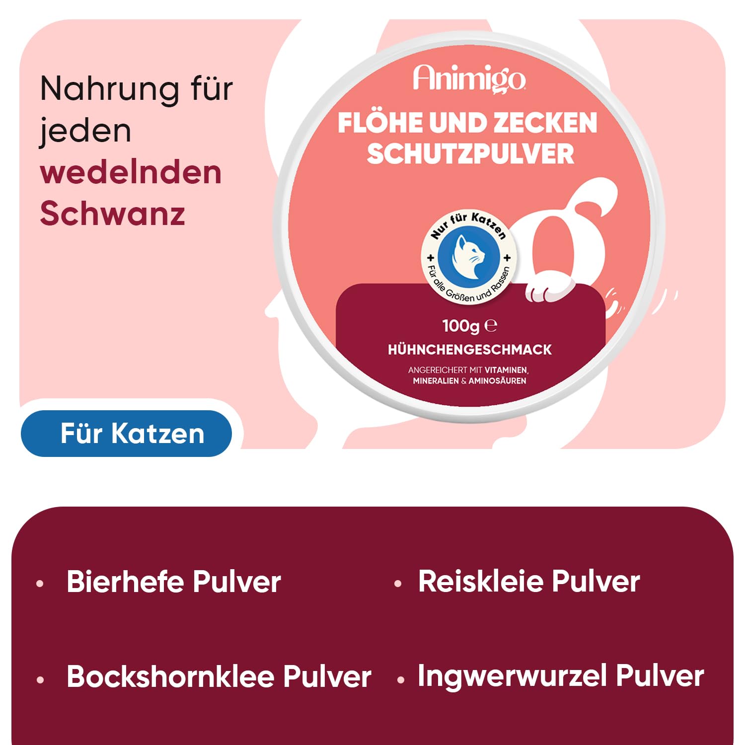 animigo Flohpulver - Zeckenschutz für Katzen - 100 g Pulver - Mit zusätzlichen Vitaminen, Mineralien & Aminosäuren wie Bierhefe, Zink, Vitamin B3, B1 & B2 - Hühngeschmack - Flohmittel Katzen