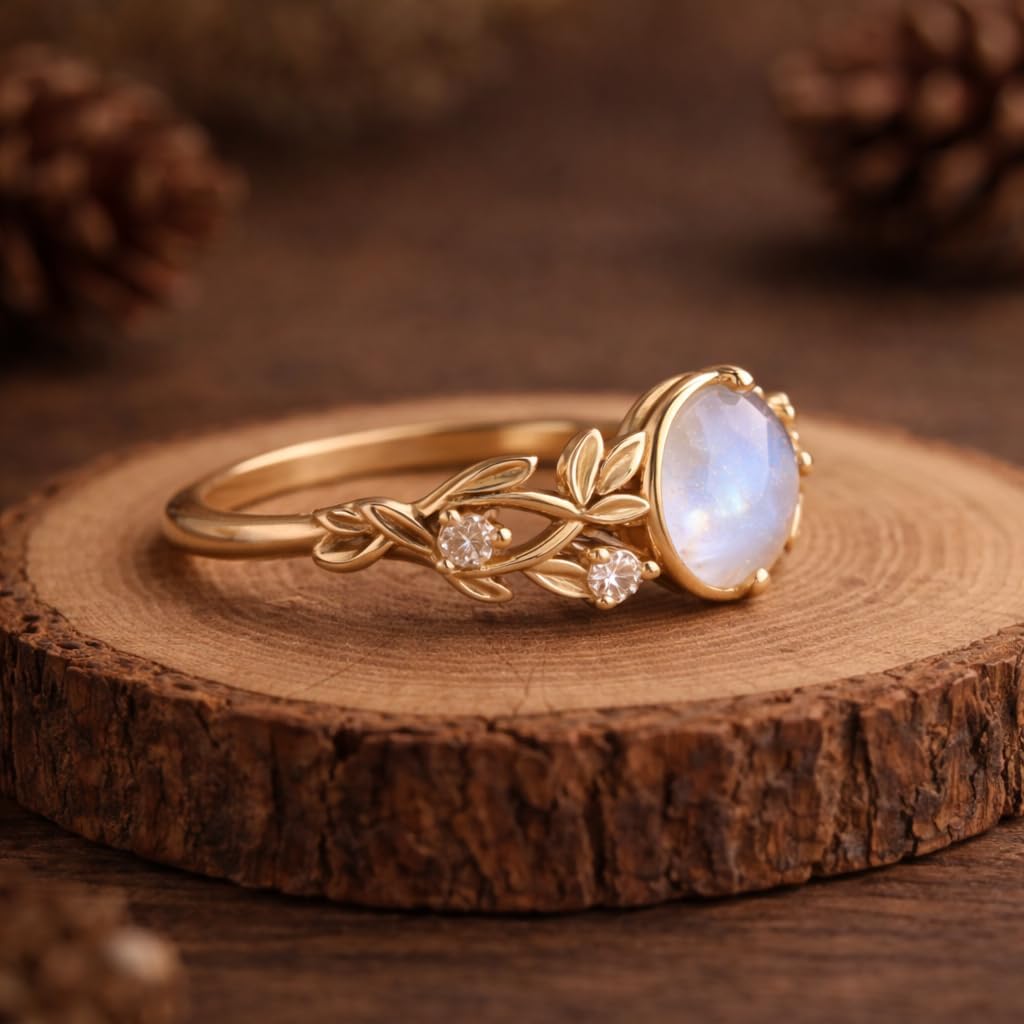 Round Cut Moonstone Engagement Ring 10K Yellow Gold Nature Inspired Diamond Accent Ring Art Deco Vintage Style Handmade Promise Ring Unique Fine Jewelry Gift for Her