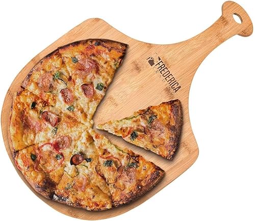 Vista 11 de Pala de madera de bambú prémium para pizza y tabla de cortar con mango (para hornear pizza, pan, cortar frutas, verduras, queso) – Tamaño personal
