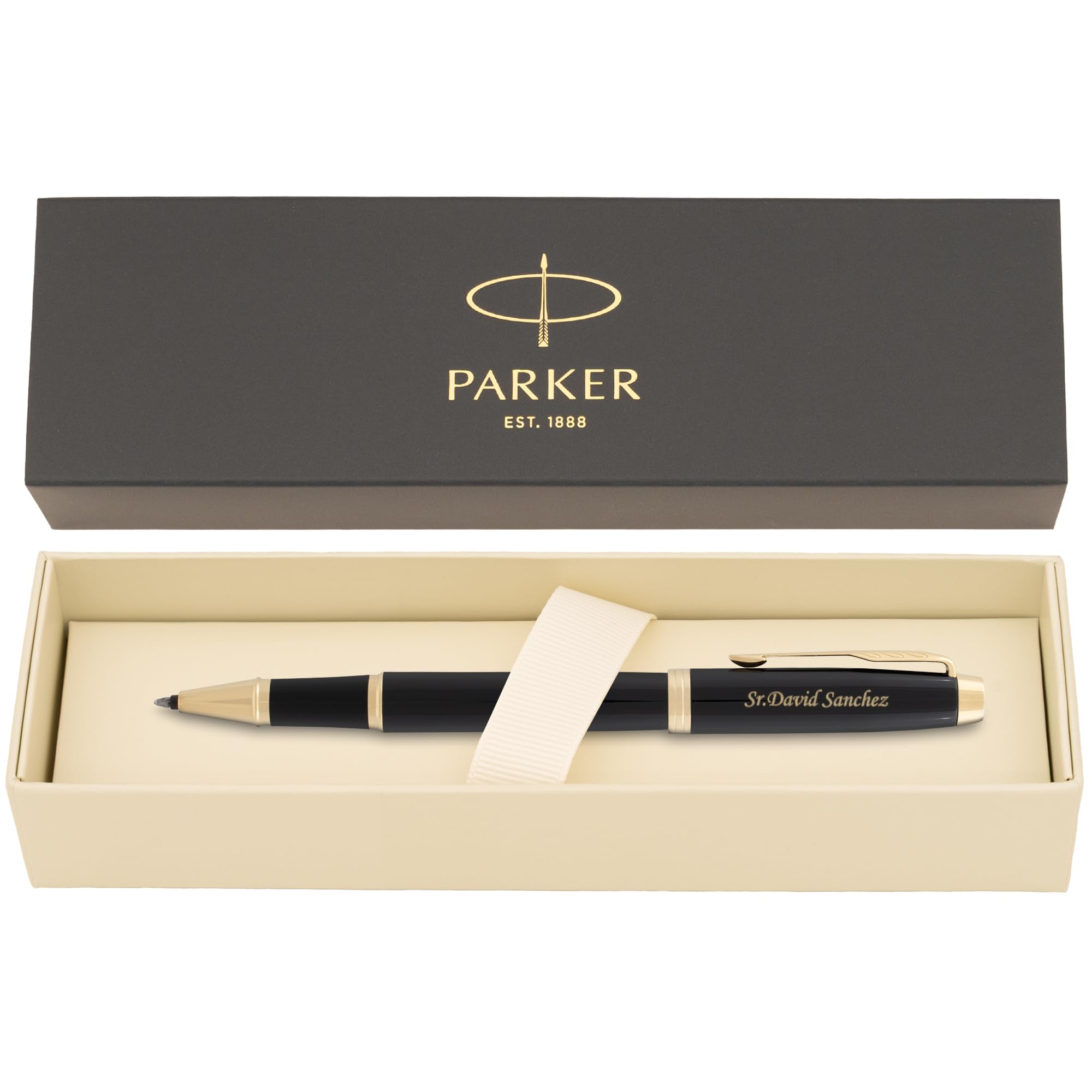 Engraved Parker Pen | Personalized Parker IM Capped Rollerball Gift Pen in Black Lacquer with Gold Trim. Smooth Ink, Engraving, and Box Included.