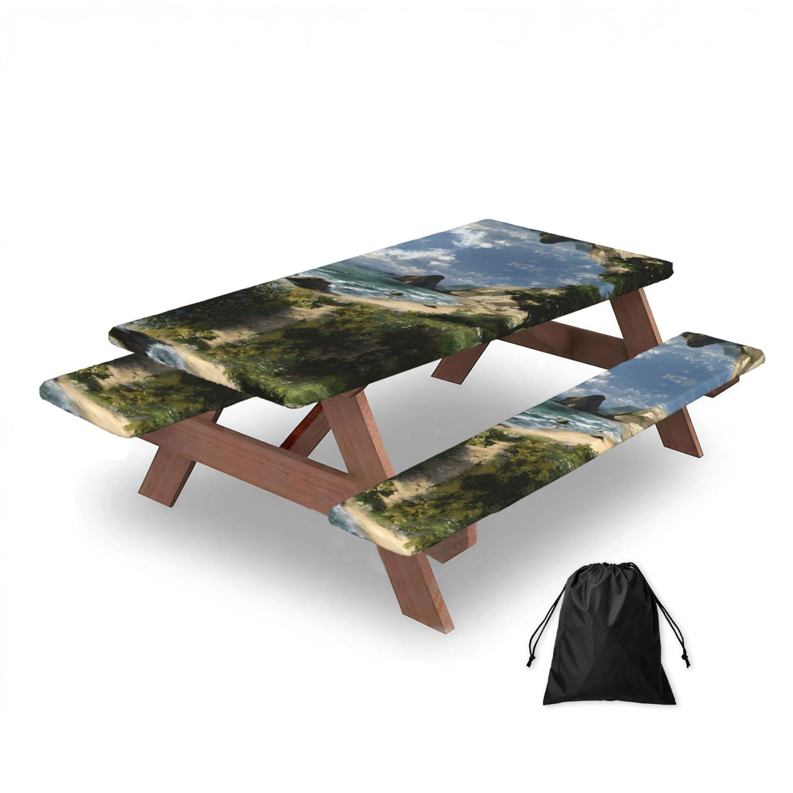 ESNAIUVCD Seaside Scenery Print Picnic Table Cover With Bench Covers,Camping Essentials,Fitted Tablecloth Cover With Elastic Edge, For Indoor & Outdoor 3 Pcs