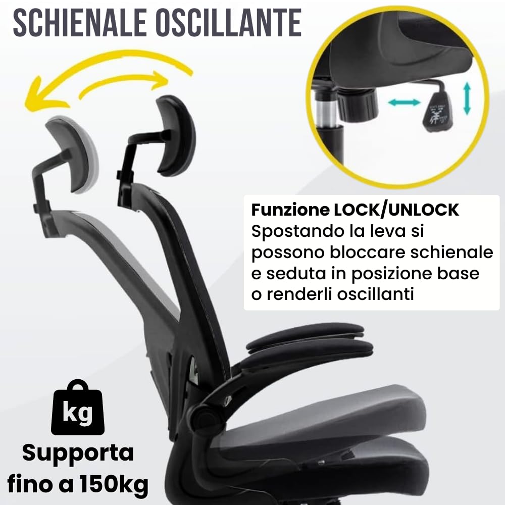ZIK - Sedia Ergonomica da Ufficio, Scrivania, con Supporto Lombare e Regolazione Schienale, Sedia da Ufficio con Rotelle e Braccioli Reclinabili, Poggiatesta Oscillante e Regolabile