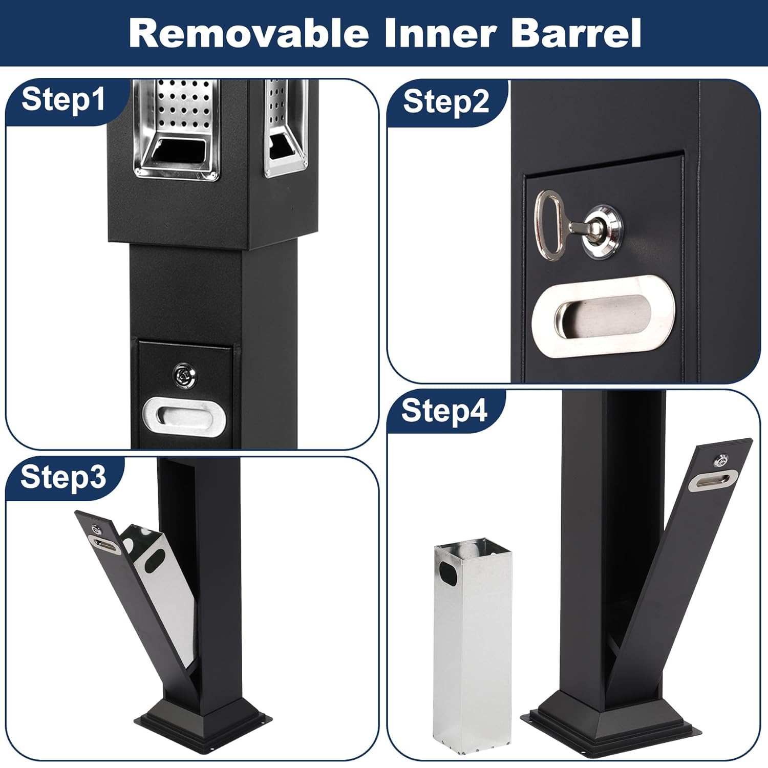 Cubo de basura de 120 cm para exteriores, de acero inoxidable, vertical, con 4 entradas, resistente al agua, con cubo interior de acero