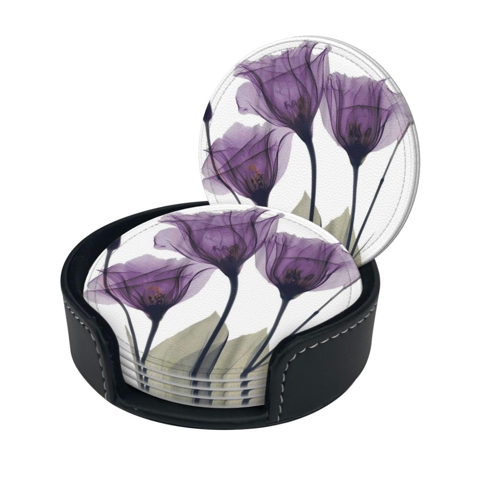 Purple Flowers Lavender Coasters For Drinks Set Of 6, Round Leather Coaster With Holder Drink Coffee Cup Mat Tea Pad Table Pad For Mugs And Cups