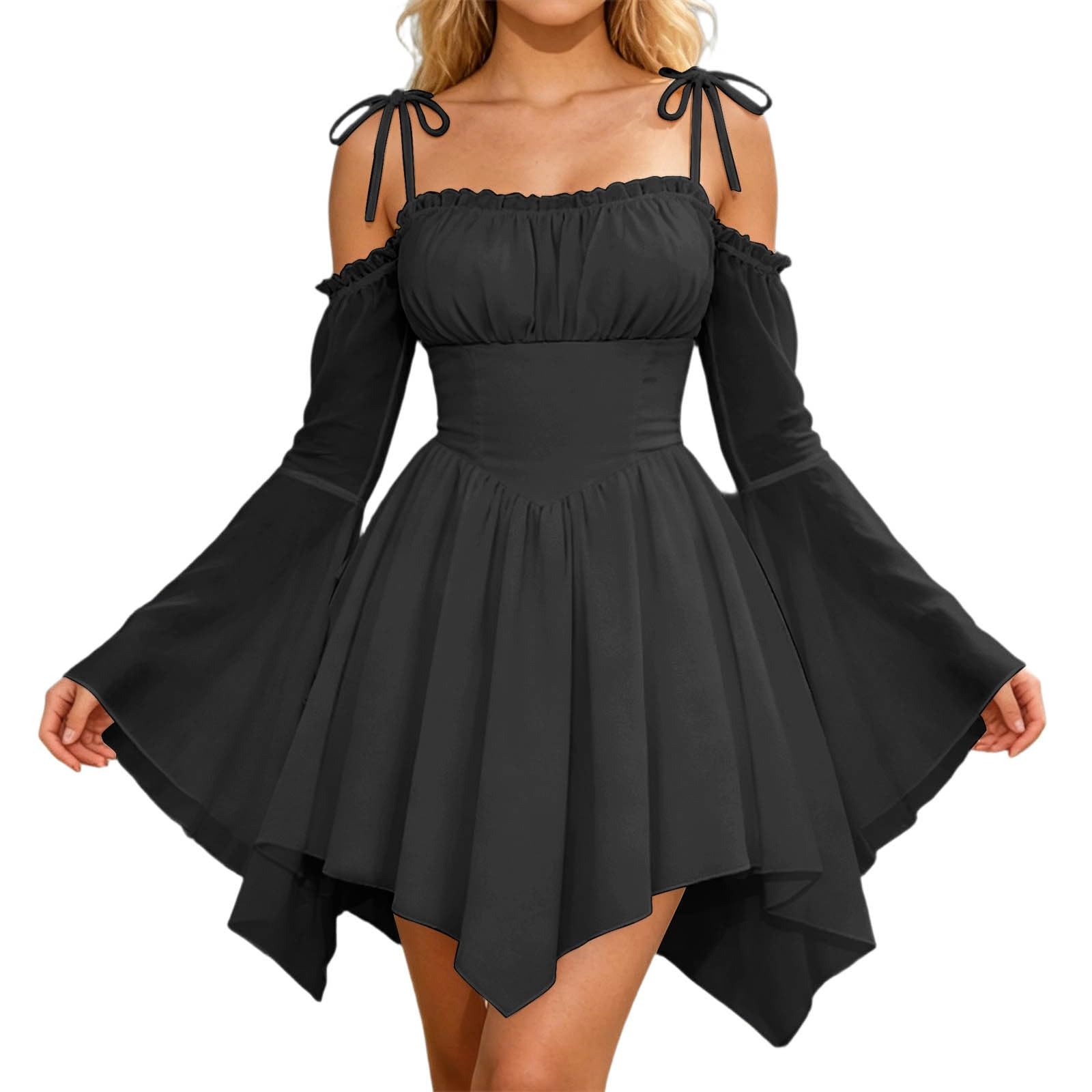 Renaissance Dress Fairy Dress Women Soft Summer Off Shoulder Halloween Costumes with Corset Design Lightweight A Line Mini Dresses Chiffon Long Sleeve for Carnival Themed Events