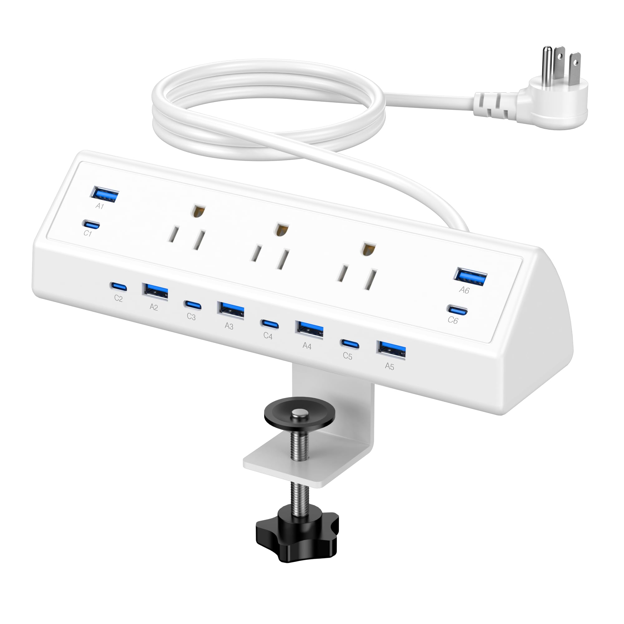 Jgstkcity 130W Desk Clamp Power Strip, 12 USB Ports (6 PD 65W USB-C),Surge Protector,ETL Listed Power Hub Extension Cord,Fast Charging Station for Home Office Desk Edge Mount (White, 12 USB-130W)