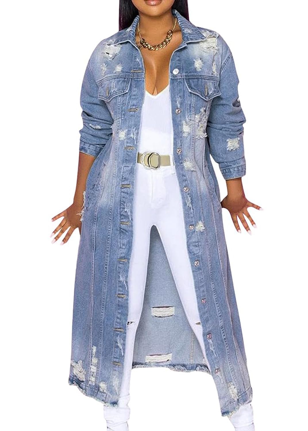 Femme Veste en Jean Longue Élégante Manteau en Jean Denim Simple Boutonnage Déchiré Vintage Veste de Transition Veste décontractée avec Boutons