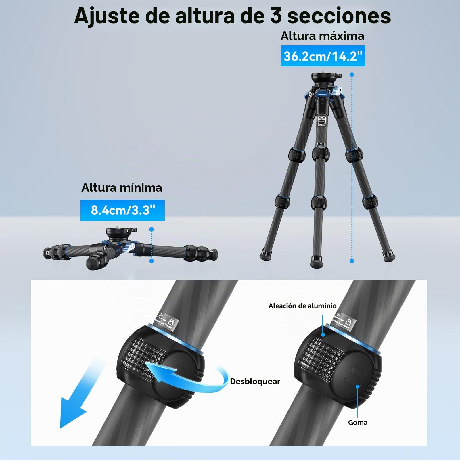 SIRUI Mini Trípode Compacto de Fibra de Carbono, Tornillos de 1/4 Portátil, Carga MAX 33 Libra Altura Máxima 36cm para DSLR, Teléfono, Videocámara - AM223L