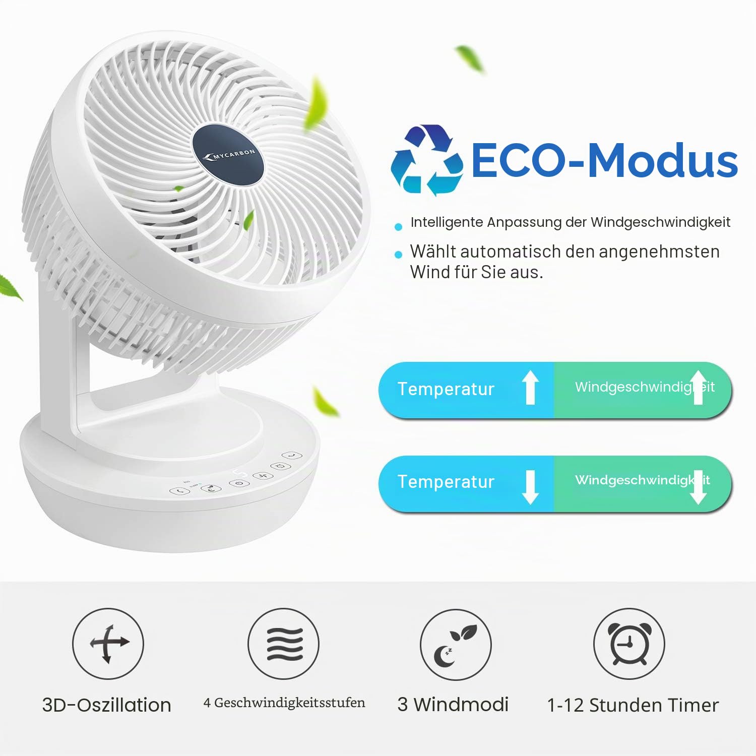 MYCARBON Leiser Ventilator mit Fernbedienung 1800 m³/h ECO-Modus 3D Oszillation 4 Geschwindigkeiten 12 Stunden Timer Tischventilator