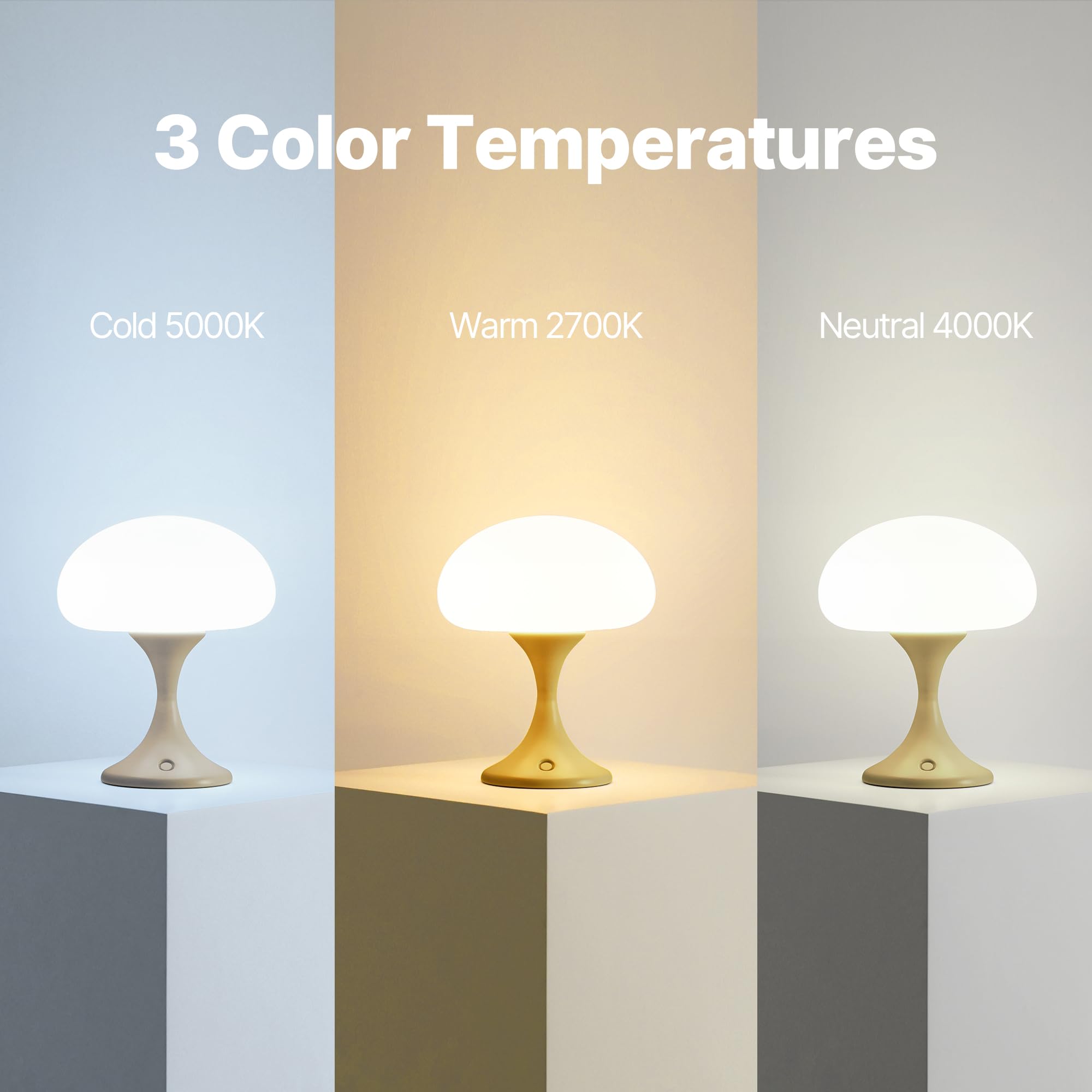 Mushroom Lamp, 5W LED Table Lamp, Cordless Rechargeable, Opal Glass Shade, Dimmable Touch Lamp, 3 Color Temps, Bedside Nightstand Lamp, Mid Century Modern Lamp for Bedroom, Aesthetic, Outdoor