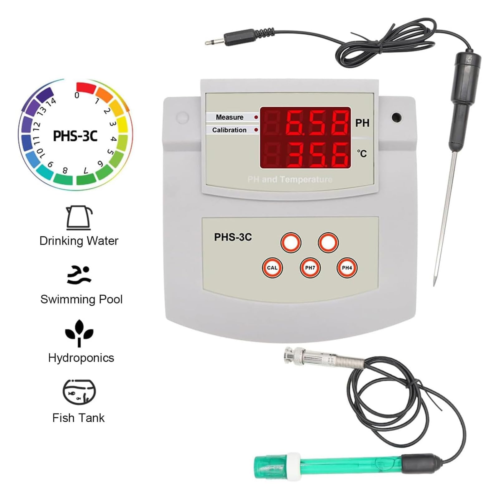 Medidor de pH de escritorio, probador de acidez de calibración automática, precisión de pH ± 0,01 con electrodos de pH/temperatura, ATC, soporte, para pruebas ambientales y ecológicas