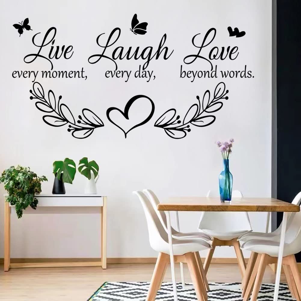 Calcomanía de pared de vinilo con citas inspiradoras para la familia, cita "Live Every Moment Laugh Every Day Love Beyond Words", calcomanías de pared motivacionales para dormitorio, sala de estar