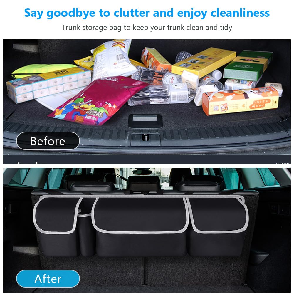 URAQT Organizador de Maletero de Coche, Bolsa de Almacenamiento Plegable para Coche con 4 Bolsillos, Bolsa Impermeable para Maletero del Asiento Trasero, 3 Correas de Hombro Ajustables