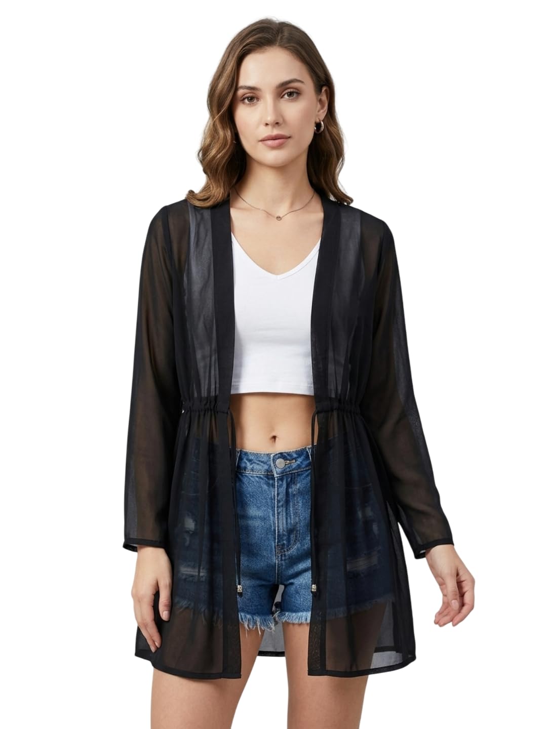 women solid long sleeve open front tie-ups regular shrug