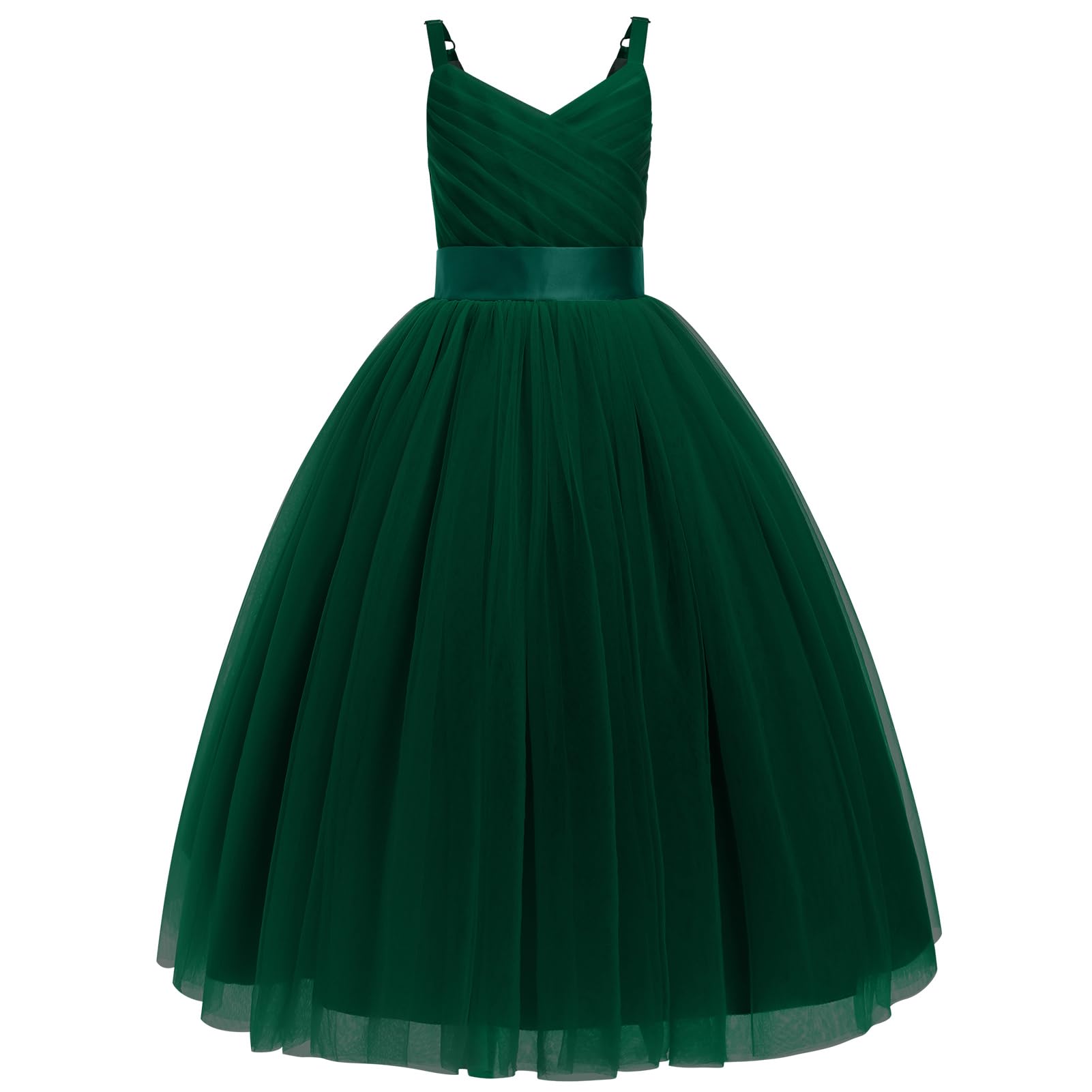 IMEKIS Vestito per bambine e ragazze, per damigella d'onore, senza maniche, con scollo a V, con volant, in tulle, elegante, per la prima comunione, per il compleanno, per la festa
