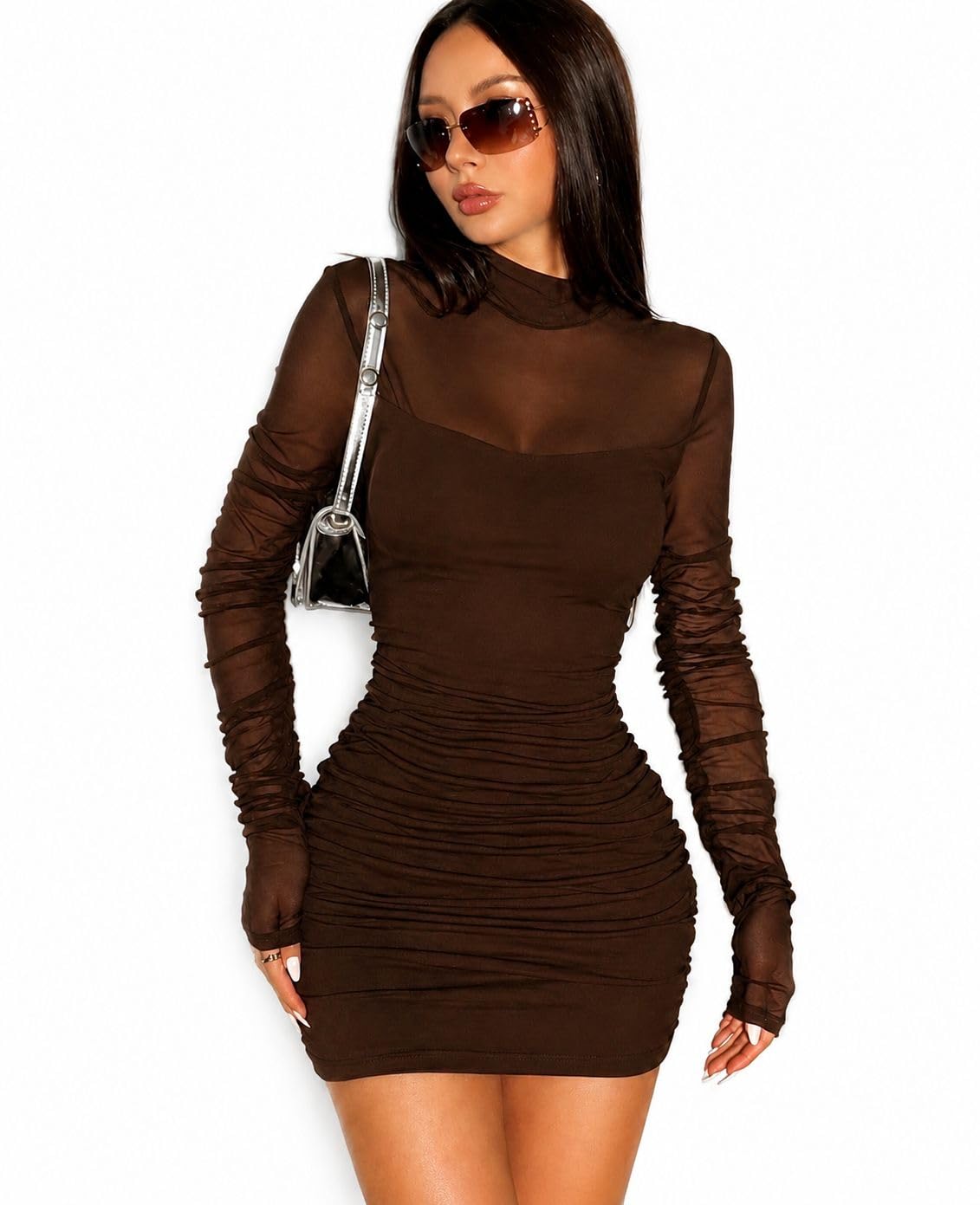 Women’s Black Bodycon Mini Dress Sheer Mesh Long Sleeve Slim Fit Party Clubwear Elegant Stretchy Stylish Night Outfit-image-37