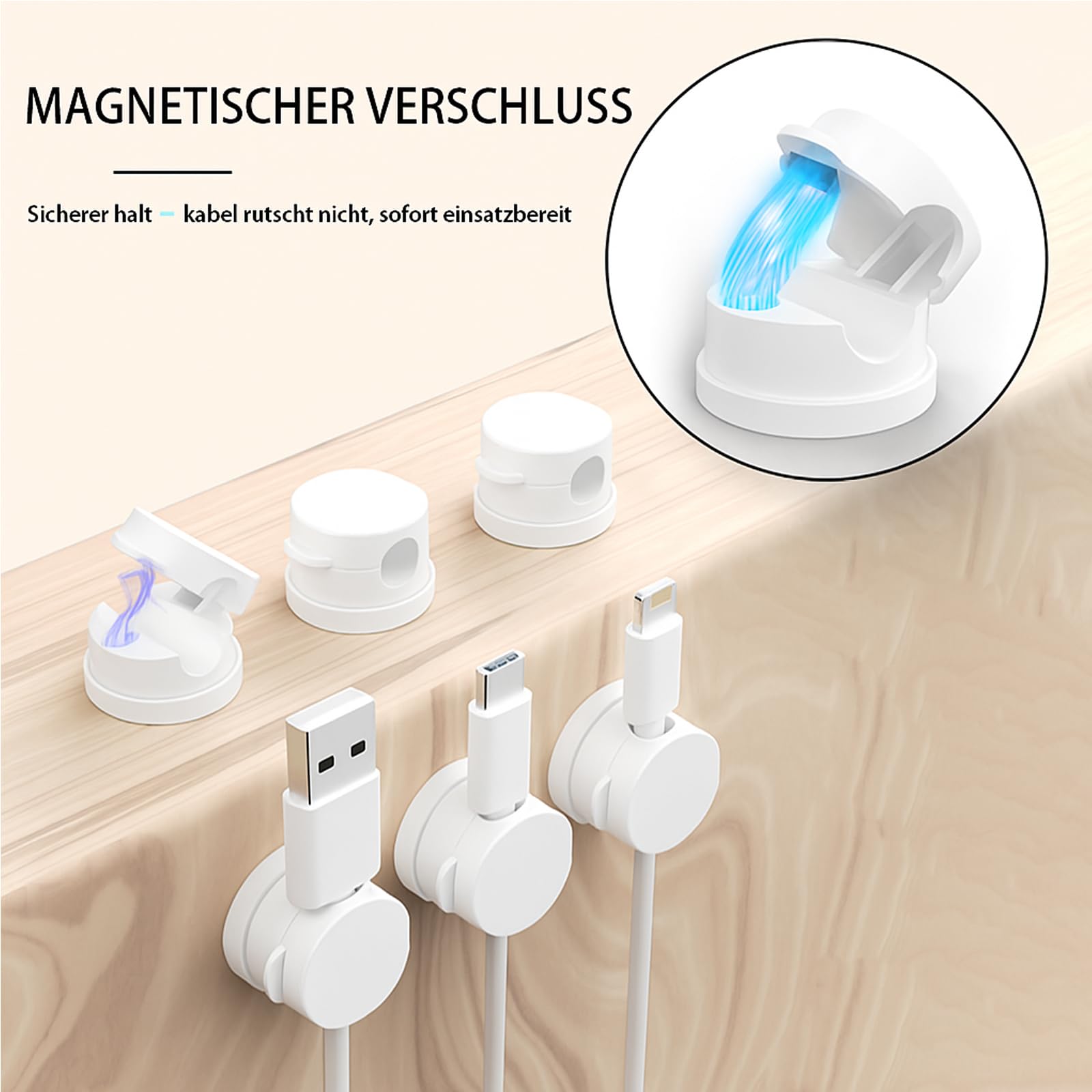 Fermacavi Magnetici VOMEP, 8 Pezzi + 2 Adesivi Di Ricambio, Organizer Cavi Regolabili Per Scrivania, Comodino E Cucina - 2