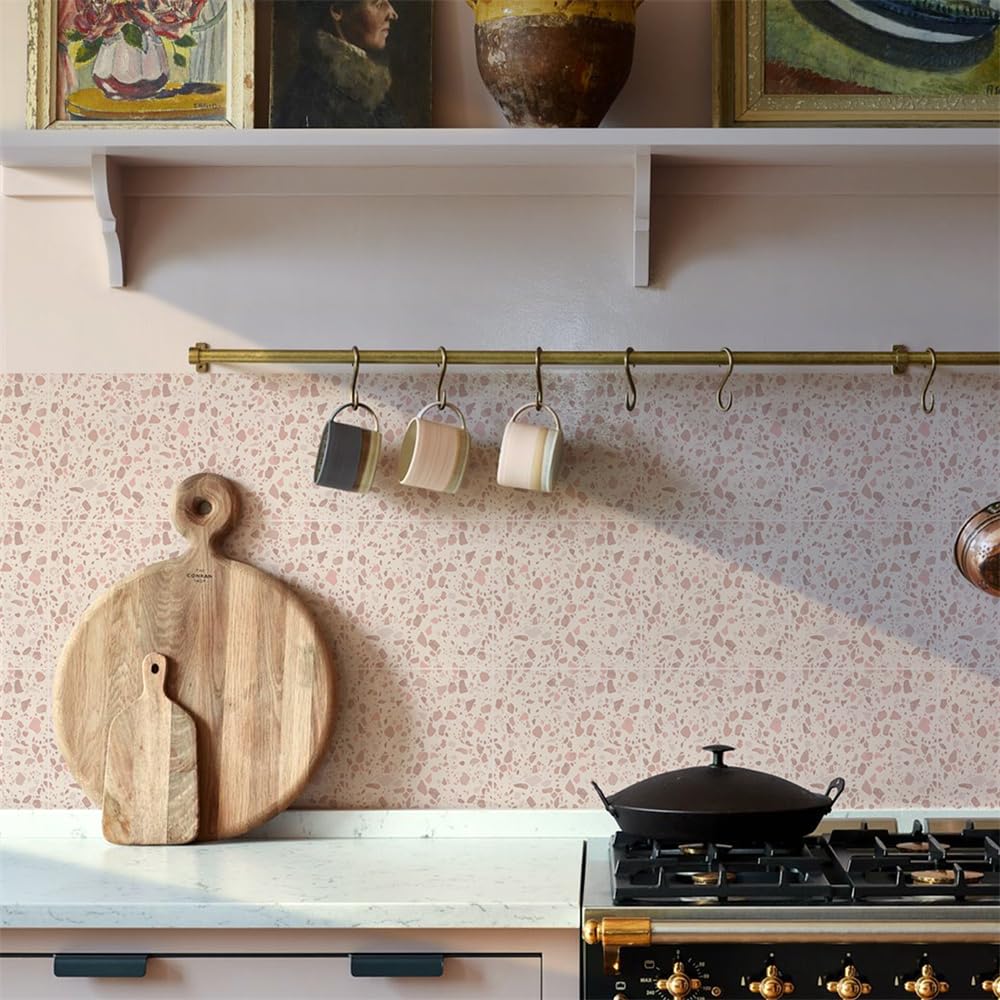 Lwlfc Pink Tile Stickers 20X20 Cm Terrazzo Stick On Tiles Kitchen Splashback Peel And Stick Floor Tiles 3D Self Adhesive Kitchen Wall Tile Stickers Diy Art Home Decorations