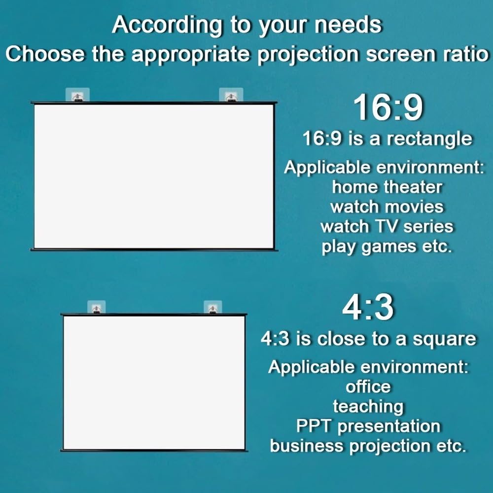 30" 40" 50" 60" 72" Manual Pull Down Projector Screen Home Theater Projection Screen 4K HD Movie Screen, Anti-Crease, Easy Roll Up(60 Inch (16:9))