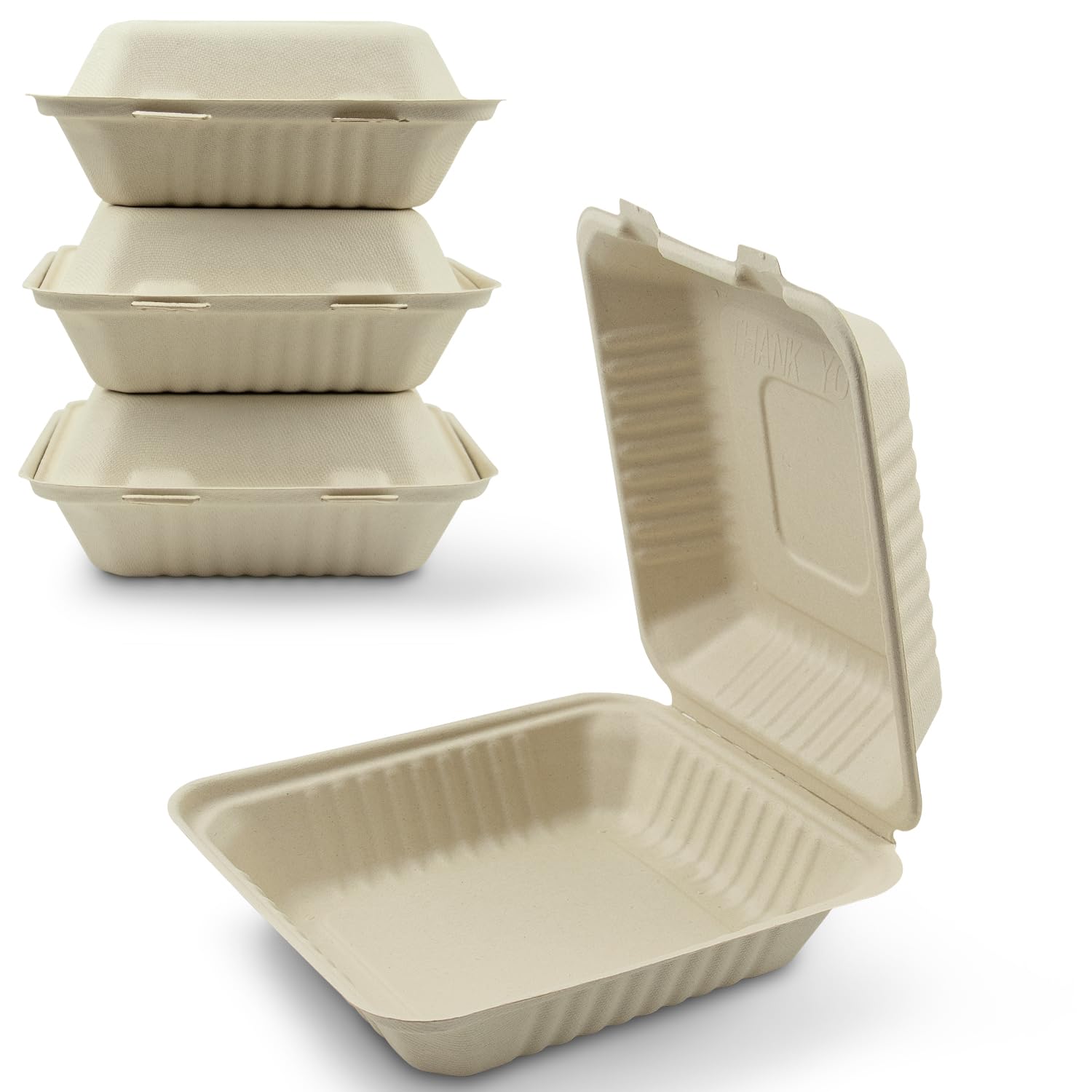 Green Earth, Cajas de comida para llevar de 8 pulgadas, 50 unidades, 1 compartimento, cubierta compostable, utensilios BAM (fibra de bambú), recipientes biodegradables, tapa con bisagras, apto para