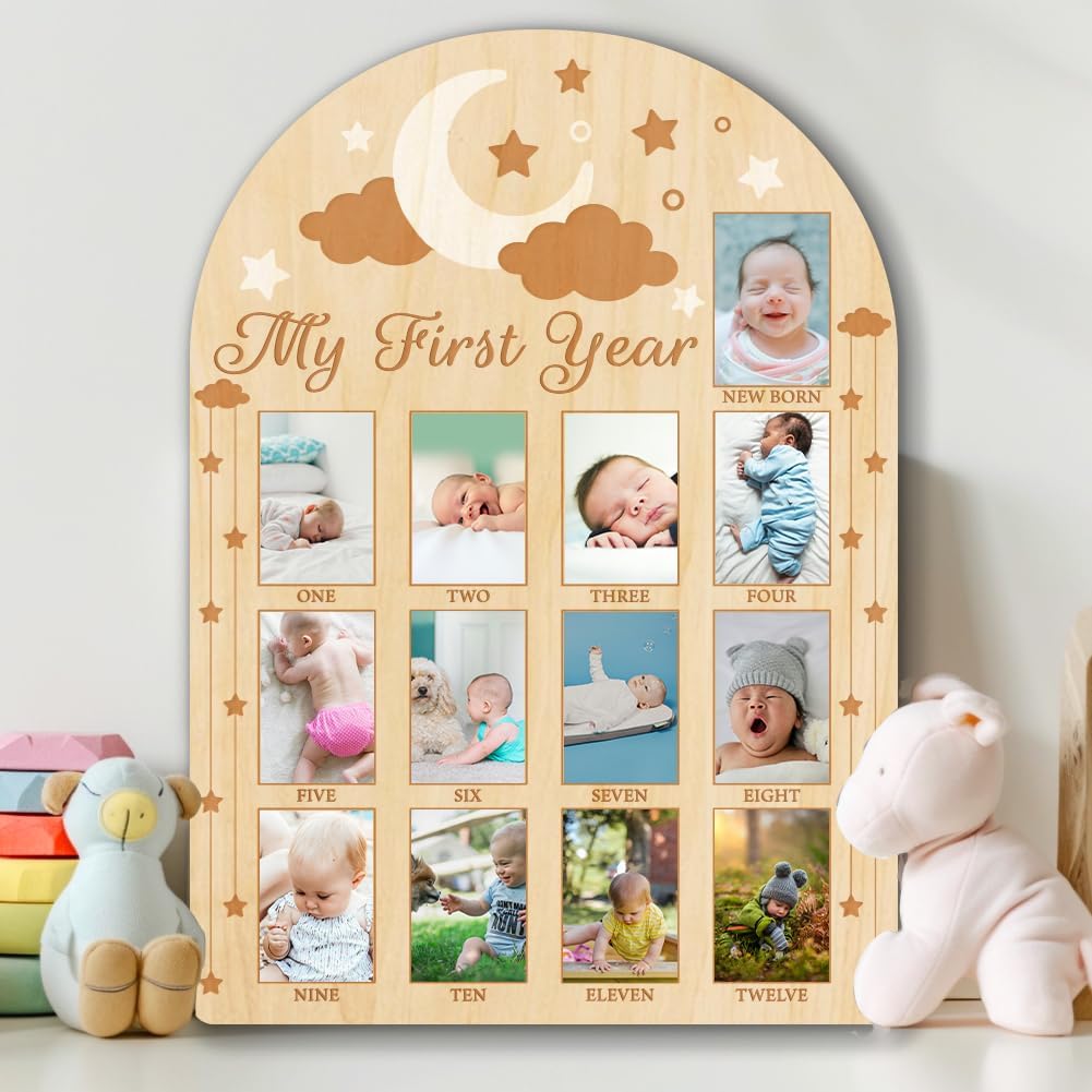 ORIGACH My First Year Baby Growth Photo Display Wood Board - 12 Months Newborn Milestones Photo Board - Neutral Baby Keepsake Frame 1st Birthday Party Nursery Decor New Mom Gift - Moon Star & Cloud