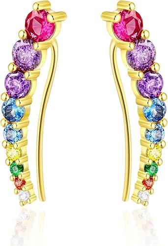 Aretes de plata de ley chapados en oro de 14 quilates con circonita cúbica y diamantes de imitación, aretes de trepador de oreja de moda, aretes de