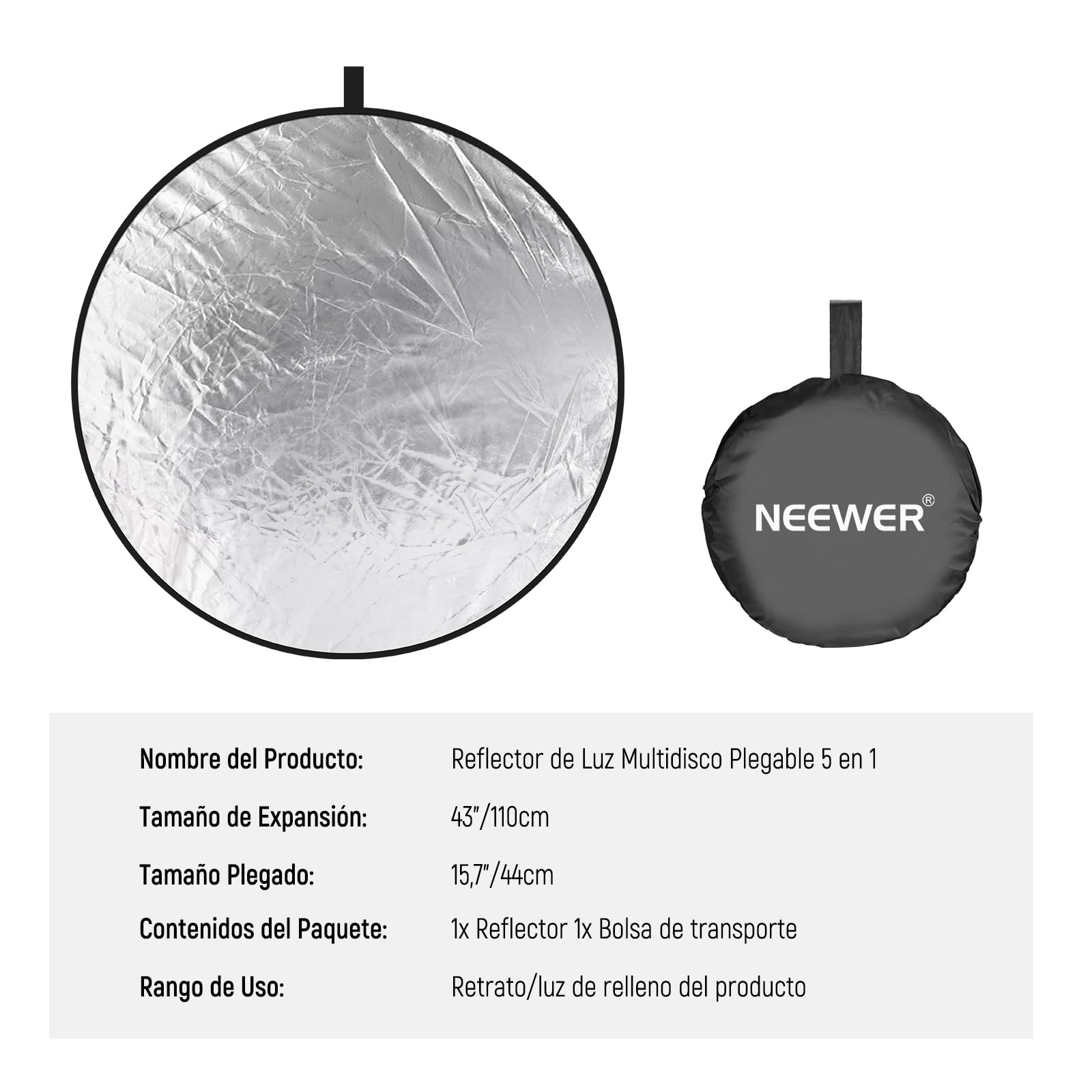NEEWER - Reflector de Luz de 110 Centímetros 5 en 1 Multidisco Plegable on Bolsa - Translúcido, Plateado, Dorado, Blanco y Negro para Iluminación de Fotografía de Estudio e Iluminación Exterior