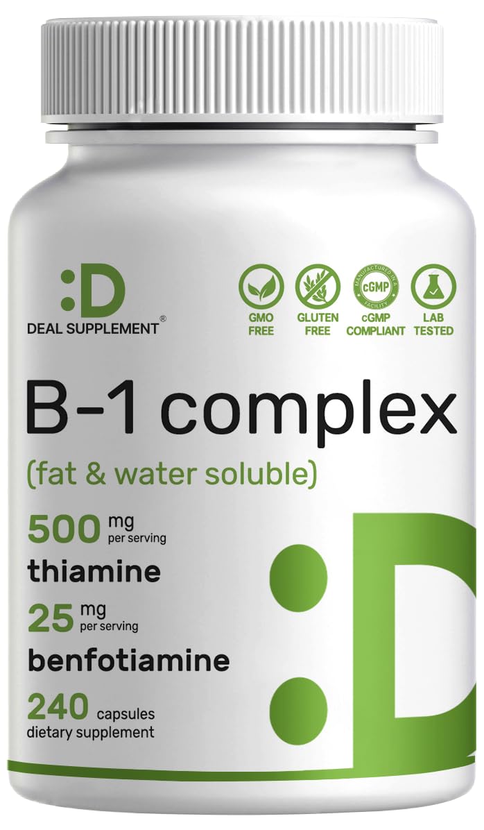 DEAL SUPPLEMENT Vitamin B1 500mg with Benfotiamine, 240 Capsules – 2 in 1 Enhanced Formula – Fat & Water Soluble Thiamine B1 Supplement – Third Party Tested, Non-GMO, No Gluten