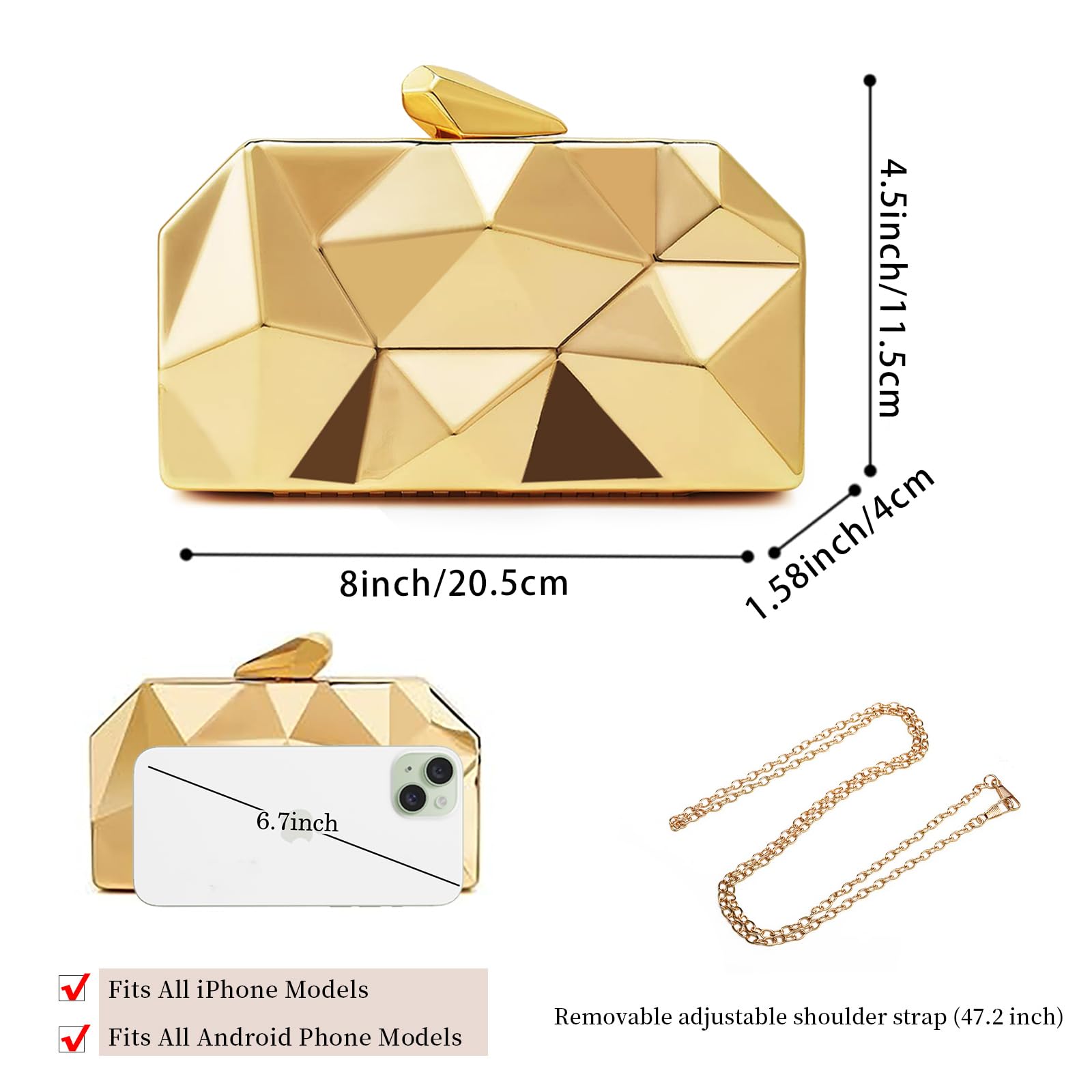 Pochette da sera metallizzata, motivo geometrico a reticolo, pochette da sera con cinturino a catena, per feste di nozze, eventi formali