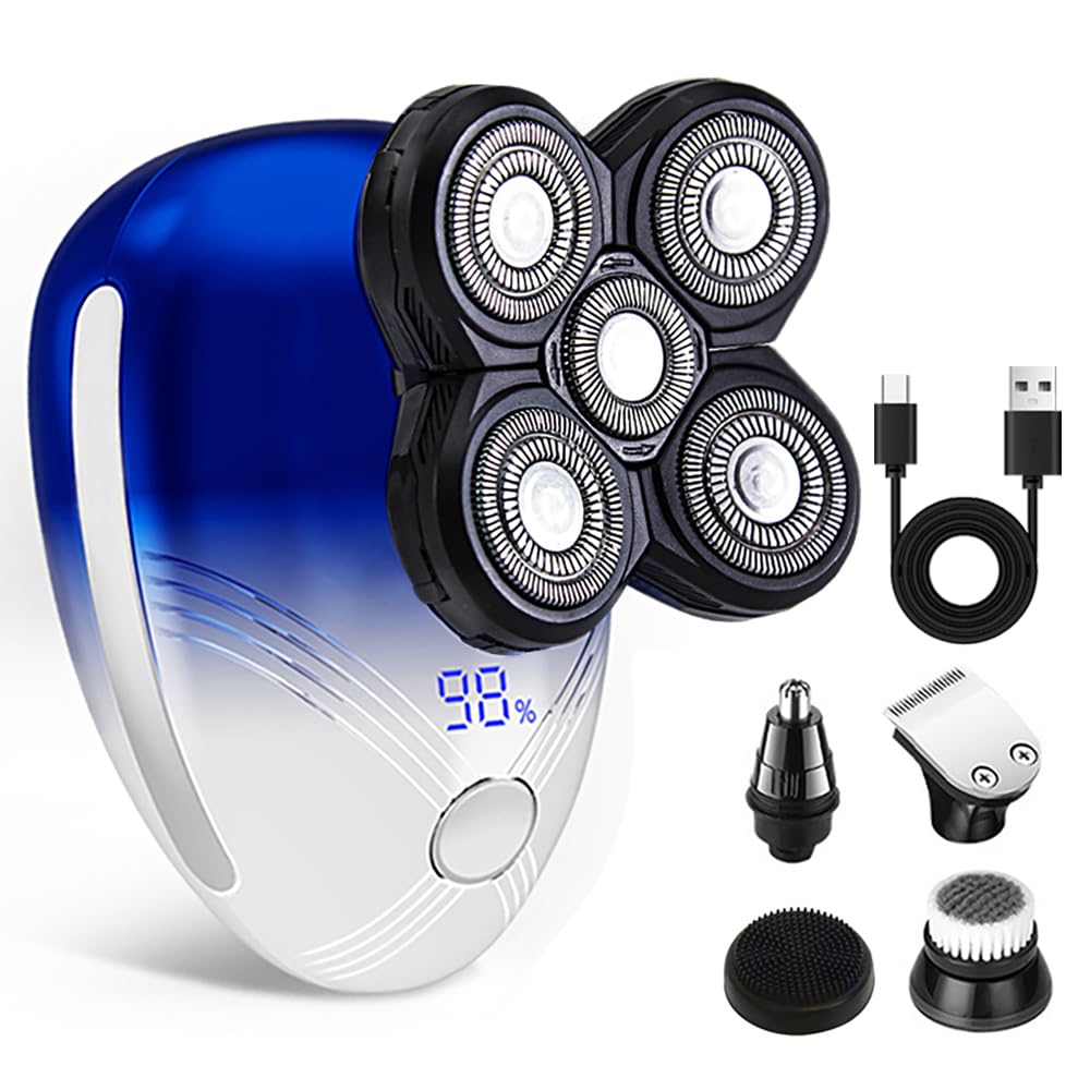5-in-1 Electric Head Shavers for Bald Men,Wet Dry Waterproof Cordless Men's Rotary Razor for Head/Face,Grooming Kit with Nose Trimmer-Hair Clippers,