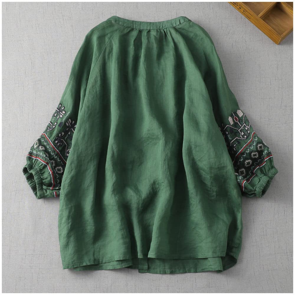 MIDJ Tops Für Damen,Damen Leinenbluse Boho Stickerei Sommer Kurzarm Shirts Grün Rundhals Basic Oberteile Lässig Elegant Bluse T-Shirt Lose Bluse Tunika Sweatshirt Oberteile Für Frauen