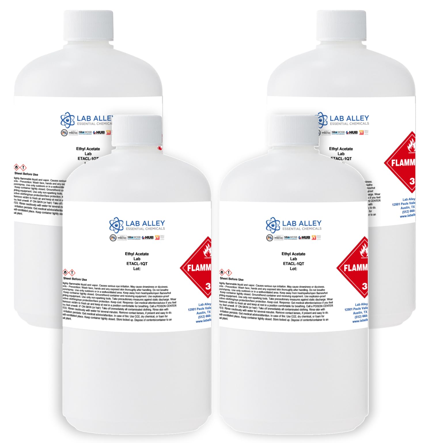 Lab Alley Ethyl Acetate, Laboratory Grade, High Purity - 1 Gallon Total (Pack of 4 x 1 Quart Bottles)