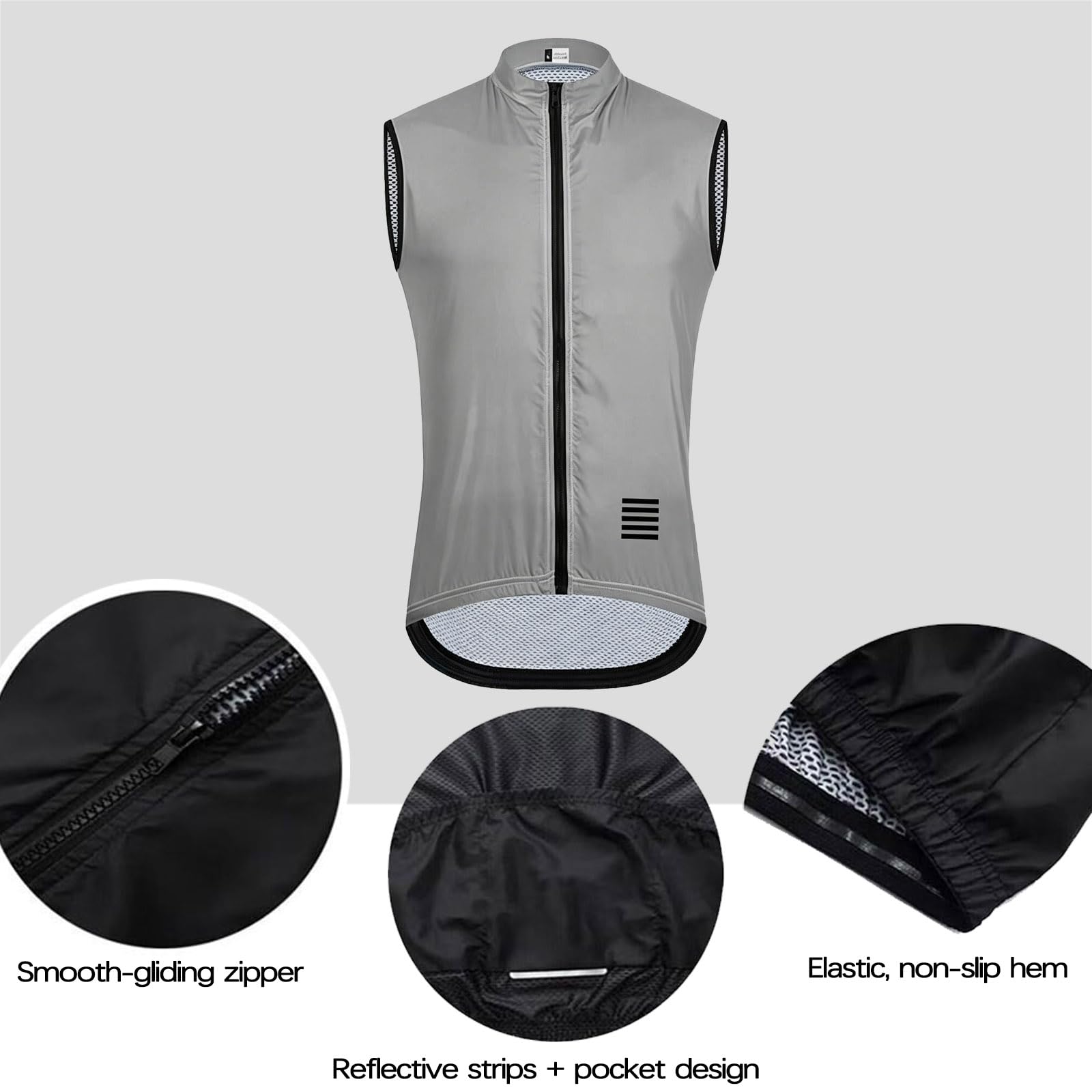 Chaleco de ciclismo sin mangas impermeable ligero, chaleco de bicicleta en seco rápido con bolsillos traseros y tiras reflectantes para ciclismo de montaña en carretera, Gray-L